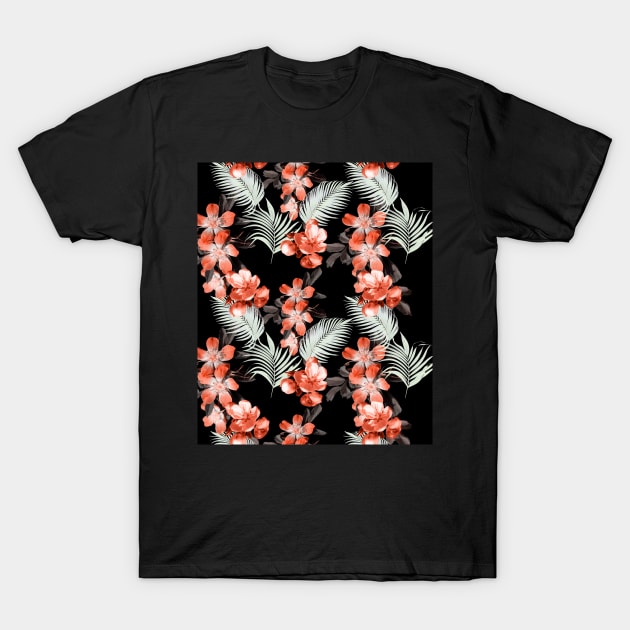 Palm Leaves And Flowers, Red Black T-Shirt by Random Galaxy